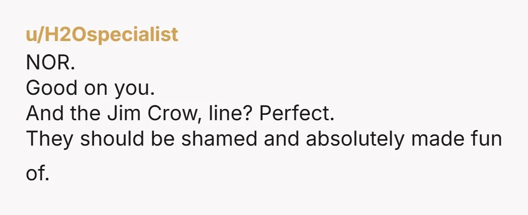 u/locoles I’m sorry but the Jim Crow line did make me laugh because what are they thinking. NTA but you should’ve talked to them privately and directly rather than letting...