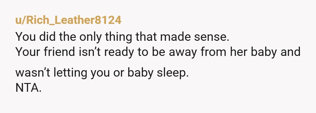 u/Rich_Leather8124 You did the only thing that made sense. Your friend isn’t ready to be away from her baby and wasn’t letting you or baby sleep. NTA.
