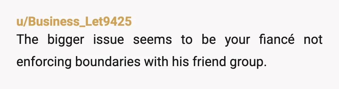 u/Business_Let9425
The bigger issue seems to be your fiancé not enforcing boundaries with his friend group.