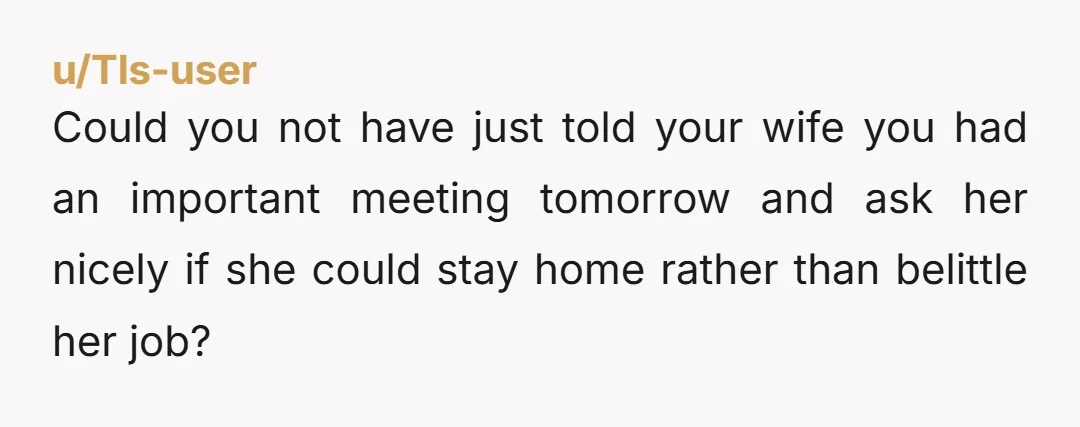 u/Tls-user
Could you not have just told your wife you had an important meeting tomorrow and ask her nicely if she could stay home rather than belittle her job?