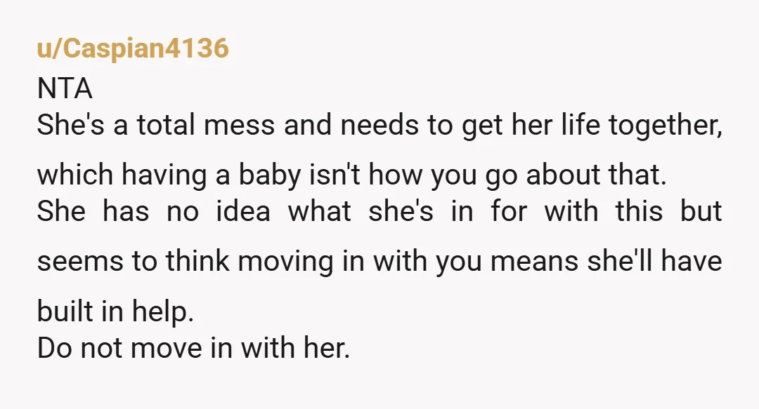 u/Caspian4136 NTA She's a total mess and needs to get her life together, which having a baby isn't how you go about that. She has no idea what she's in...