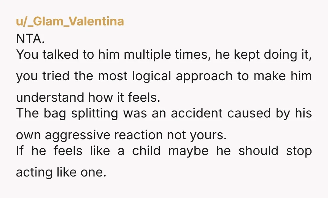 u/notjimbelushi420 NTA. if he didn't want to feel like a child, he shouldn't be acting like one.