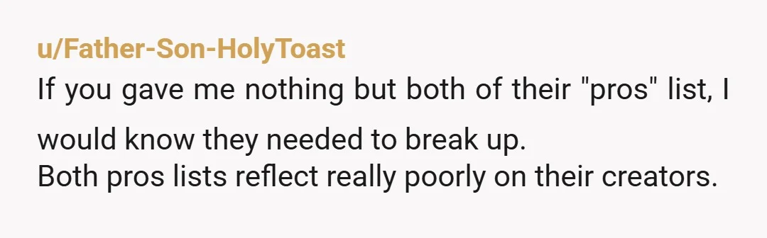 u/Father-Son-HolyToast If you gave me nothing but both of their "pros" list, I would know they needed to break up. Both pros lists reflect really poorly on their creators. At...