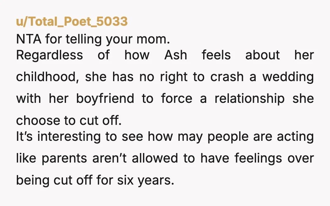 u/Persimmonshimmer NTA. Your sister chose to end the relationship. She doesn’t get to walzt back into your mother’s life like nothing happened. It’s ok for your mom to not want...