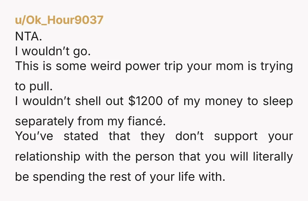 u/DazzlingPotion
No way I'd go.
Tell her you aren't going and they'll have to split the cost between the people who are going.
NTA