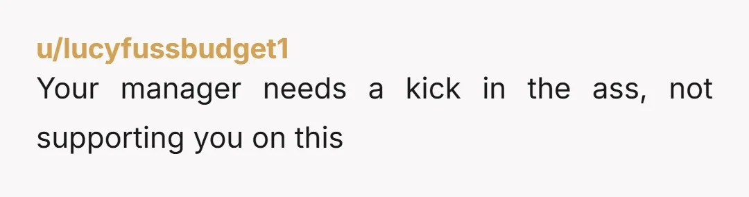 u/lucyfussbudget1 Your manager needs a kick in the ass, not supporting you on this
