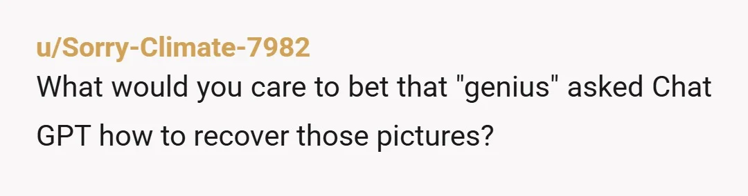 u/Sorry-Climate-7982 What would you care to bet that "genius" asked Chat GPT how to recover those pictures?