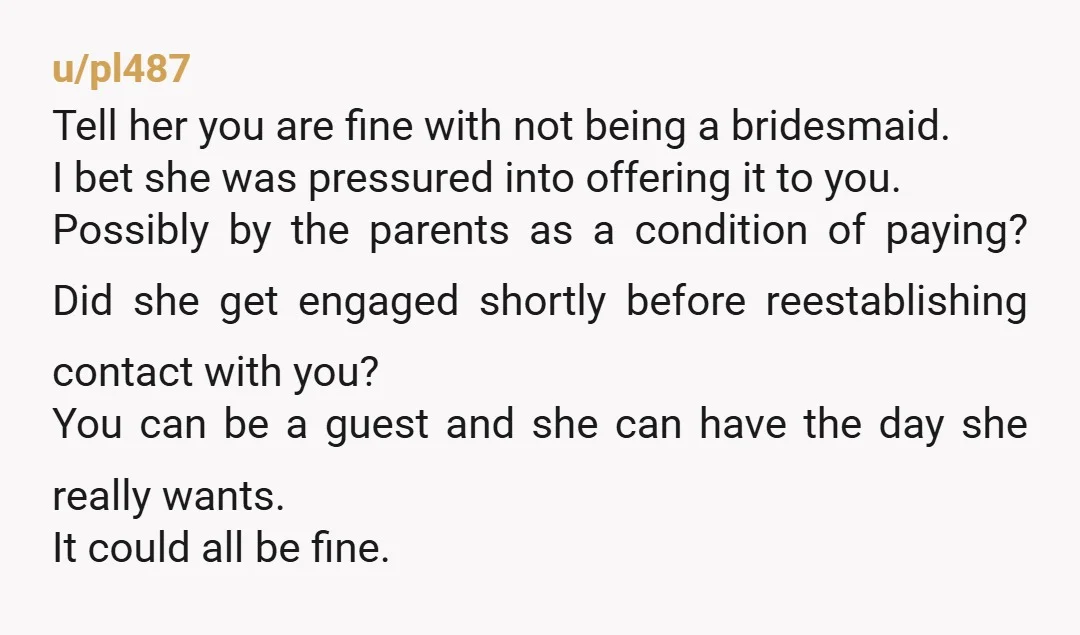 u/Gini555 I am confused as to why you ever agreed to be in the wedding in the first place. I'd just tell her you don't want to be in the...