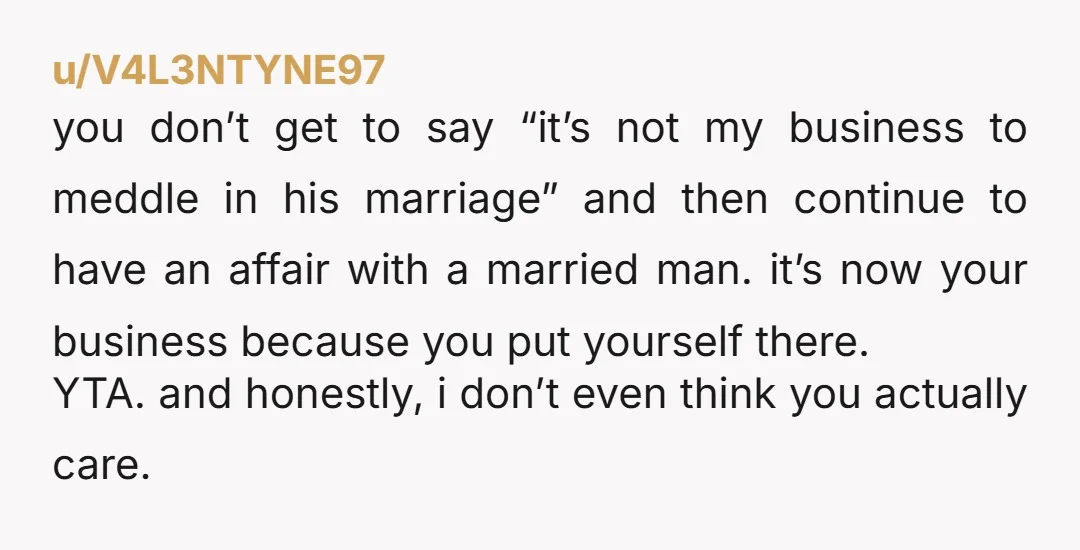 u/Embarrassed-Mirror35 I don’t understand the mentality behind “sleeping with or having an affair with a married person because their spouse sucks.” What’s the logic? Legally? Still married. Morally? Still married....