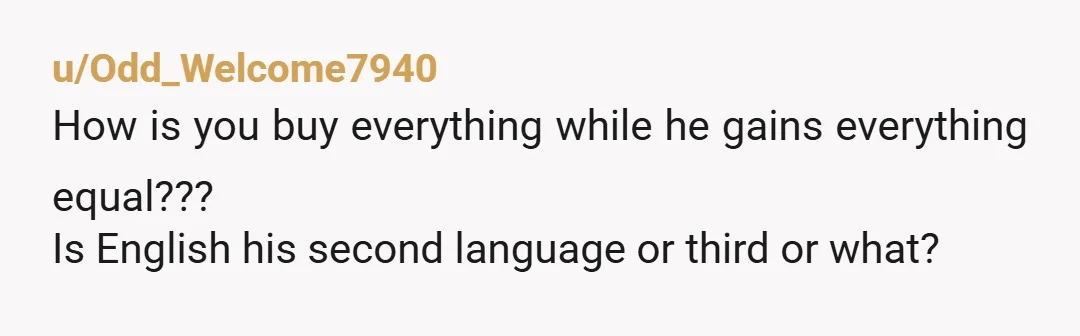 u/Odd_Welcome7940 How is you buy everything while he gains everything equal??? Is English his second language or third or what?