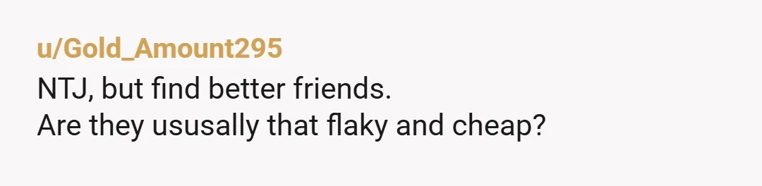 u/Gold_Amount295 NTJ, but find better friends. Are they ususally that flaky and cheap?