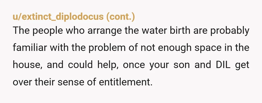 u/Zealousideal_You6901 can she not do the water birth in a hospital or her own parents house? YNTA, she doesnt get to force anything on you just cause she is pregnant...