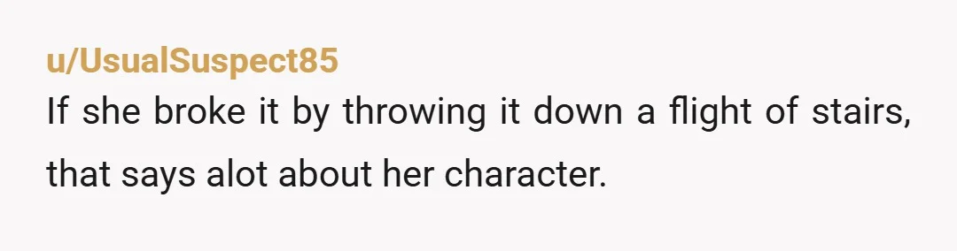 u/UsualSuspect85 If she broke it by throwing it down a flight of stairs, that says alot about her character.