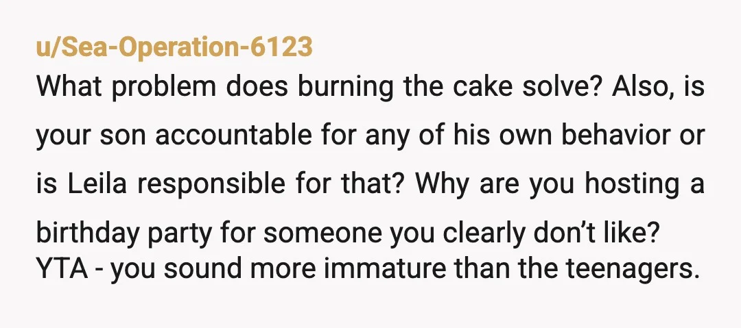 u/Sea-Operation-6123 What problem does burning the cake solve? Also, is your son accountable for any of his own behavior or is Leila responsible for that? Why are you hosting a...