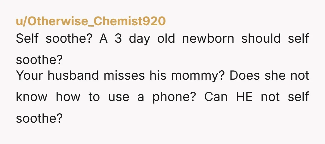 u/Otherwise_Chemist920 Self soothe? A 3 day old newborn should self soothe? Your husband misses his mommy? Does she not know how to use a phone? Can HE not self soothe?