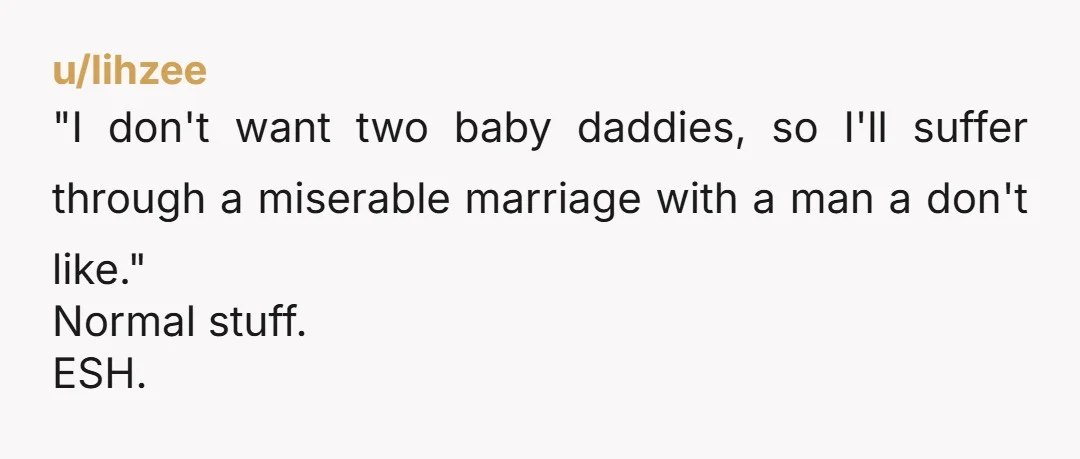 u/lihzee
"I don't want two baby daddies, so I'll suffer through a miserable marriage with a man a don't like."
Normal stuff.
ESH.
