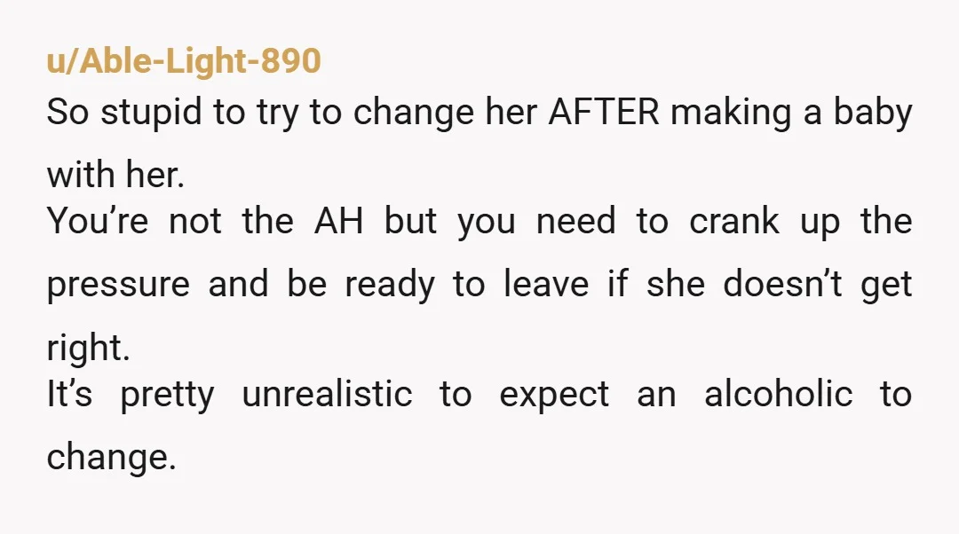 u/rojita369 NTA for asking her to get help, but you are absolutely TAH for having a child with an alcoholic and waiting until your baby was born to address the...