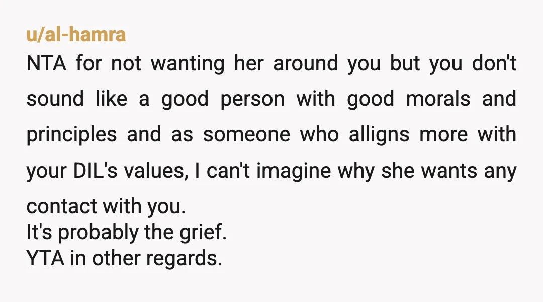 u/G-reeper66
NTA
You were only ever my son's wife you whining bag, never contact me again or face harassment charges, have her trespassed from your property too.