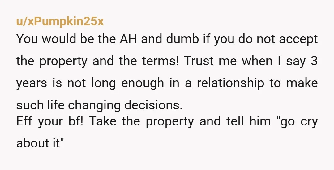 u/Lightnindog Absolutely do not turn this down because of him. You’re not married or even engaged. If he wants to cry about it that’s on him. He has 0 right...