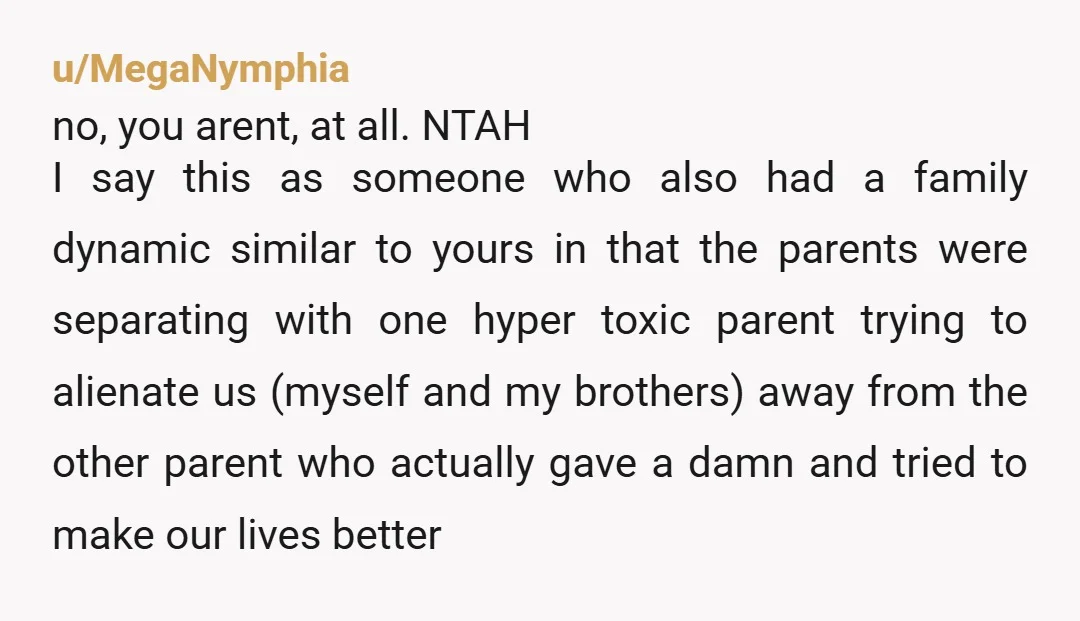u/MegaNymphia no, you arent, at all. NTAH I say this as someone who also had a family dynamic similar to yours in that the parents were separating with one hyper...