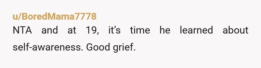 u/BoredMama7778 NTA and at 19, it’s time he learned about self-awareness. Good grief.
