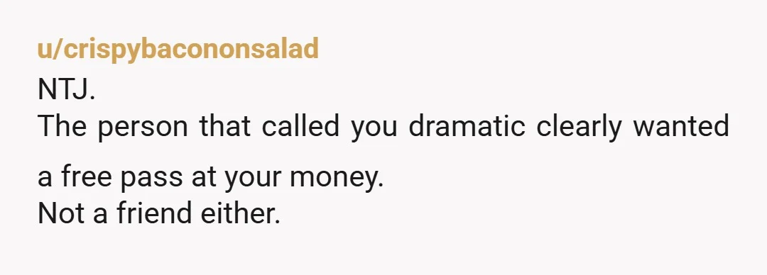 u/crispybacononsalad NTJ. The person that called you dramatic clearly wanted a free pass at your money. Not a friend either.