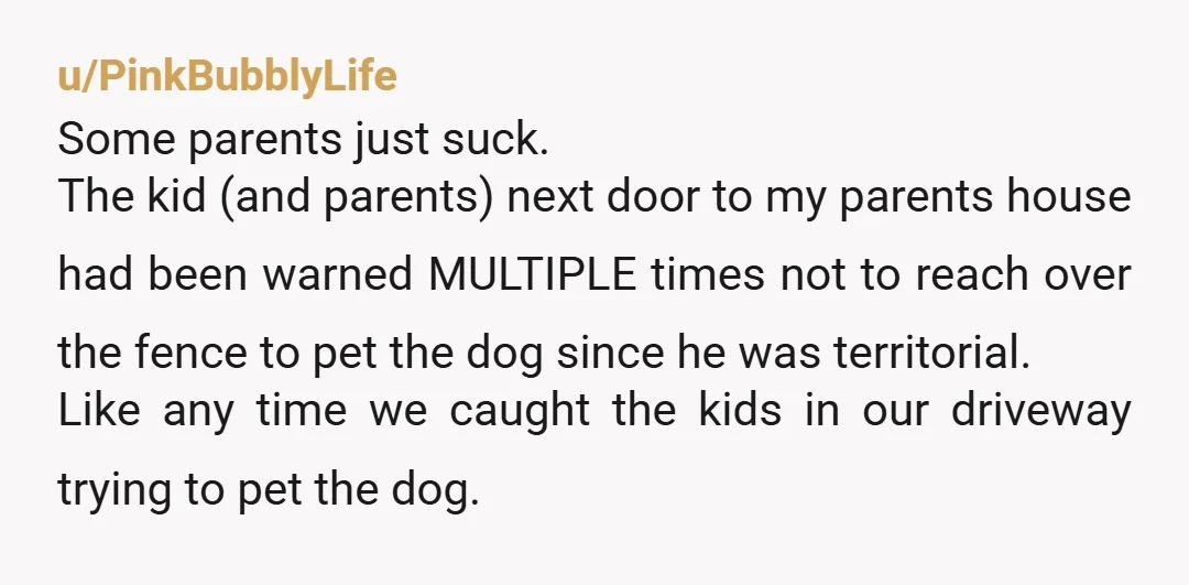 u/PinkBubblyLife Some parents just suck. The kid (and parents) next door to my parents house had been warned MULTIPLE times not to reach over the fence to pet the dog...