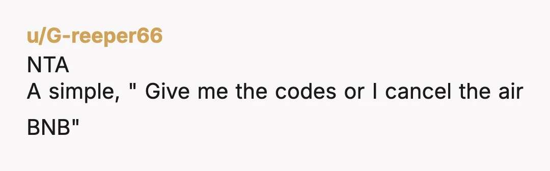 u/Ditzyshine NTA, I see no reason why Lauren held the access codes when the Airbnb was split. Seems like a power trip thing and just weird. Forcing someone to hang...