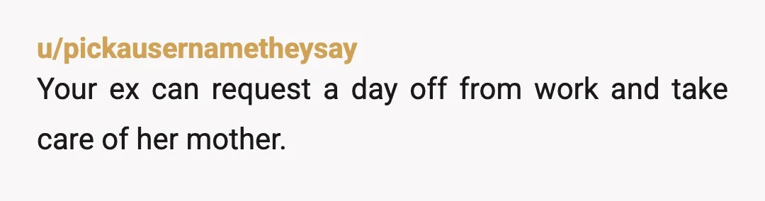 u/pickausernametheysay
Your ex can request a day off from work and take care of her mother.