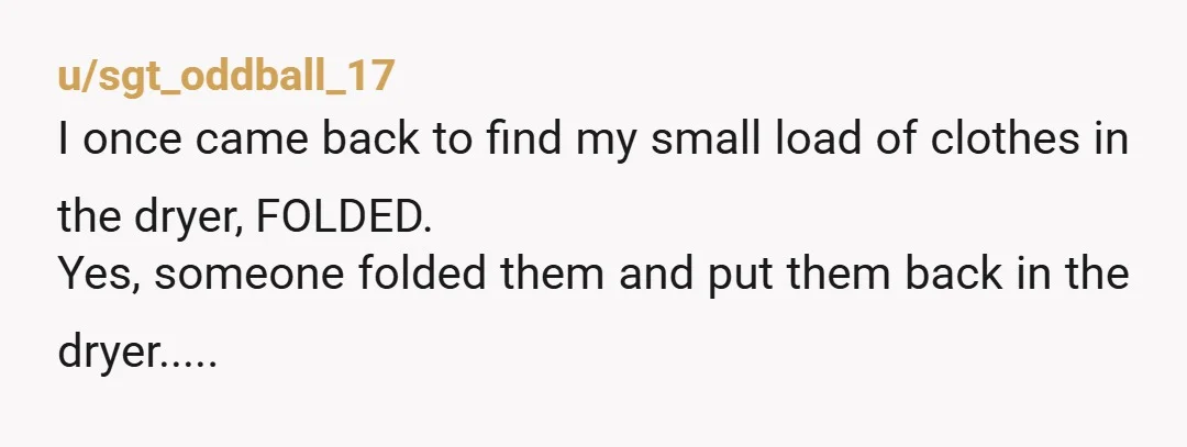u/Defiant_apricot I’m so glad people in my dorm are normal. I’ve never had any issues using the laundromat. One time I didn’t see an empty dryer to I took out...