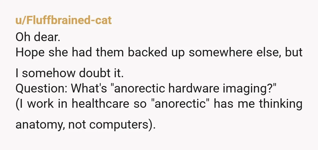 u/Fluffbrained-cat Oh dear. Hope she had them backed up somewhere else, but I somehow doubt it. Question: What's "anorectic hardware imaging?" (I work in healthcare so "anorectic" has me thinking...