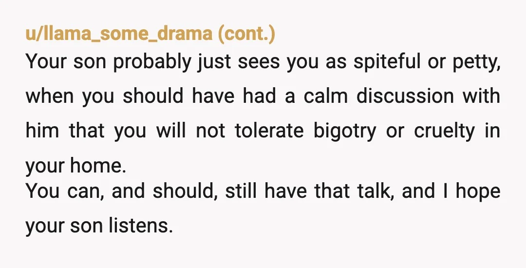 u/Odd_Tea4945
I wouldn't have burned the cake, I would have canceled the dinner after Leila's comment.
This is your house so no homoph\* is allowed inside