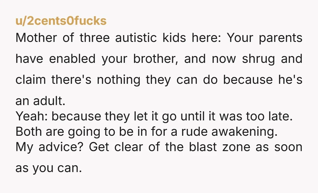 u/2cents0fucks Mother of three autistic kids here: Your parents have enabled your brother, and now shrug and claim there's nothing they can do because he's an adult. Yeah: because they...