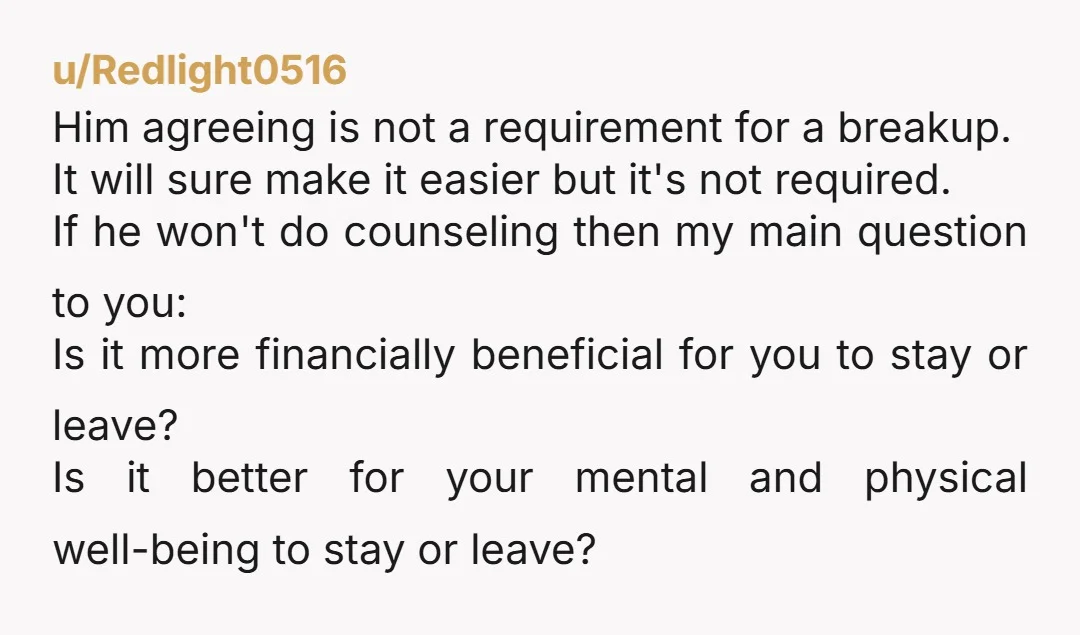 u/Frosty_Message_3017 He's against divorce, but he's not willing to really be your husband. You've tried patience, silence, pleading, suggested counseling, he's remained the same and refused to work with you....