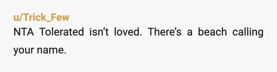 u/Trick_Few
NTA Tolerated isn’t loved. There’s a beach calling your name.