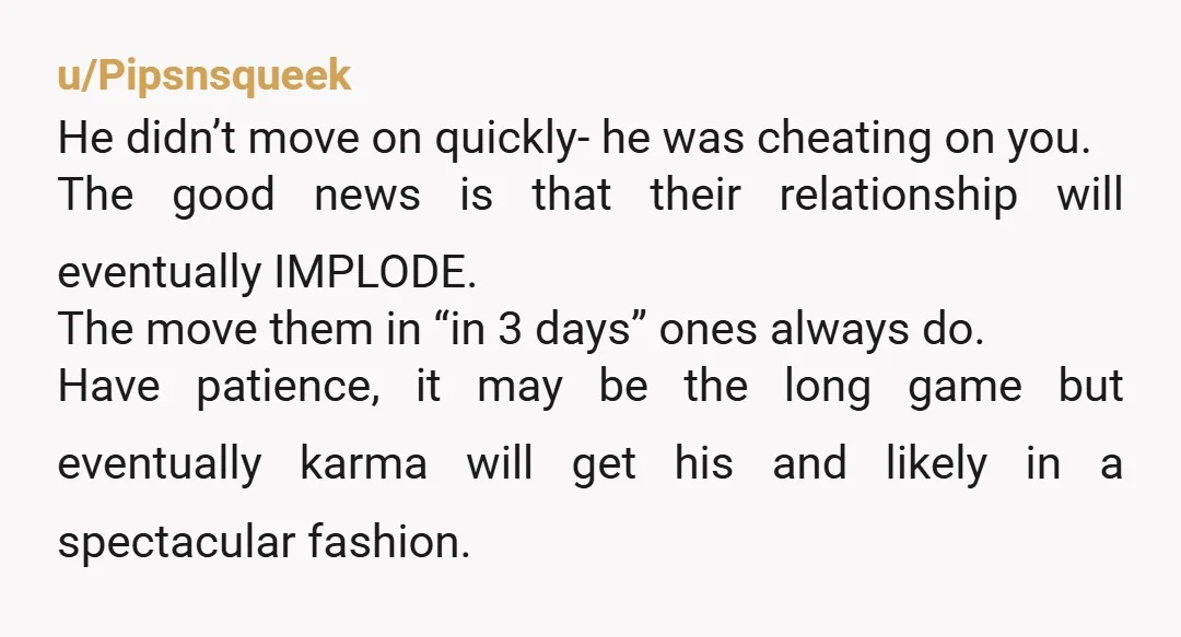 u/Pipsnsqueek He didn’t move on quickly- he was cheating on you. The good news is that their relationship will eventually IMPLODE. The move them in “in 3 days” ones always...