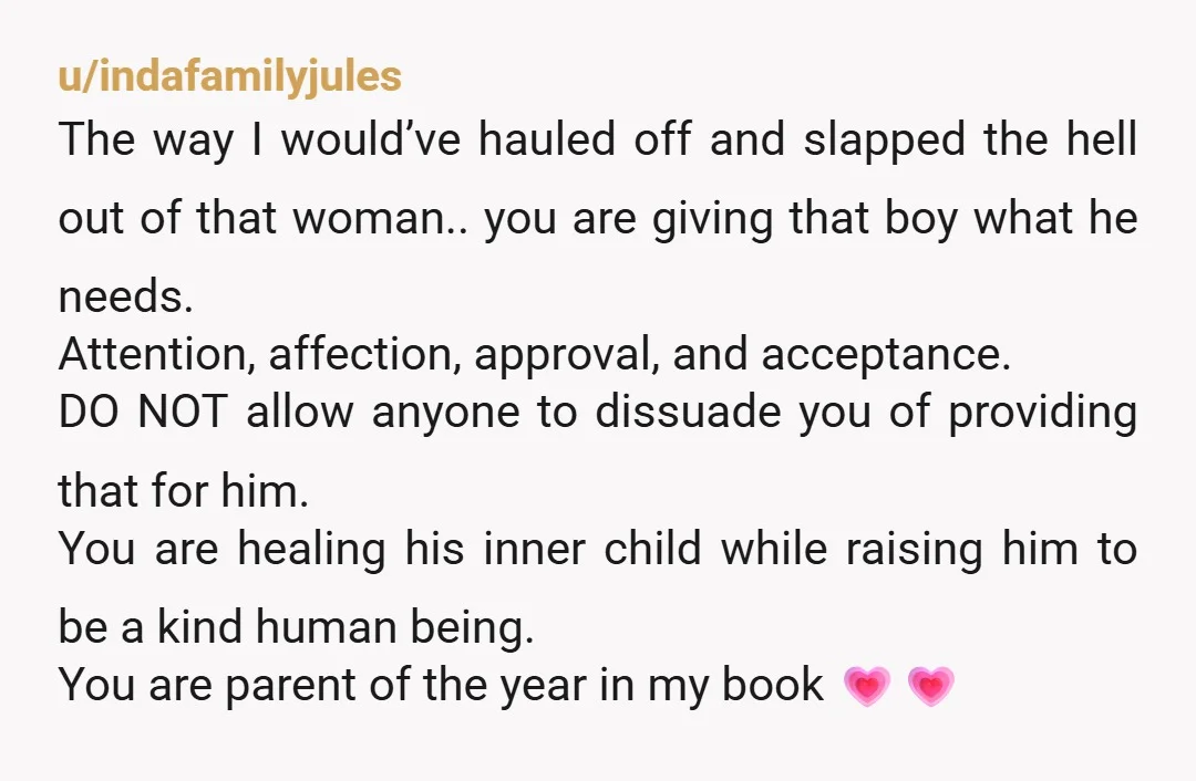 u/Rredhead926 The only thing you did wrong here was share your son's story with a random stranger. In the future, I suggest simply telling the person that their opinion was...