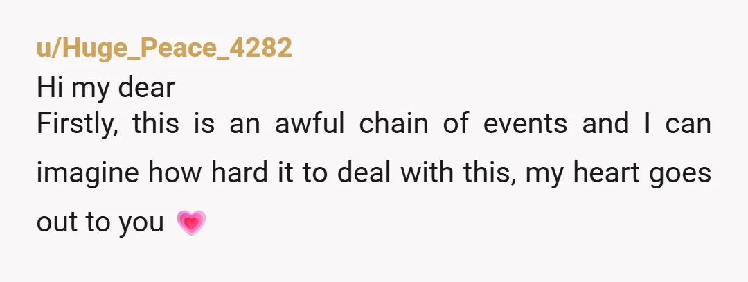 u/Huge_Peace_4282 Hi my dear Firstly, this is an awful chain of events and I can imagine how hard it to deal with this, my heart goes out to you 💗...