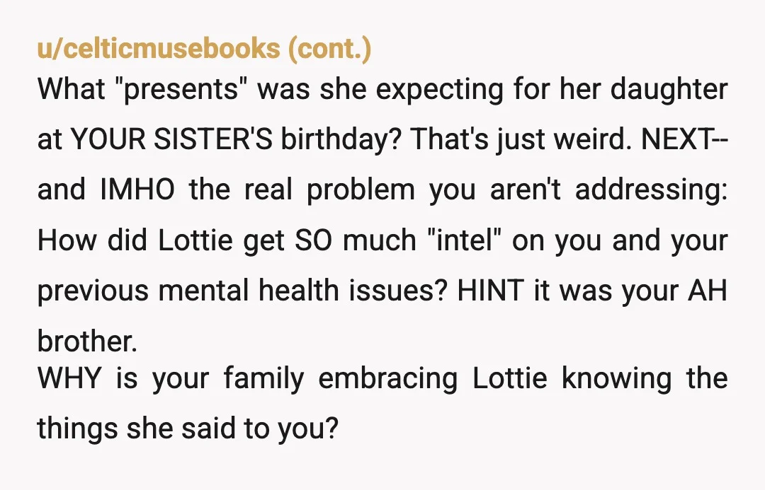 u/Odd_Tea4945 Absolutely not the AH I understand every mother wants to world for her children, but you can't impose it into others and that's what Lottie pretends to do: since...