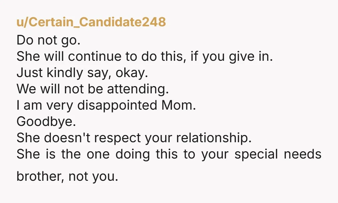 u/midcen-mod1018 Nta. However I’d like to point out you didn’t set a boundary with her. She stated a preference, you said no. A boundary would be, “I only go on...