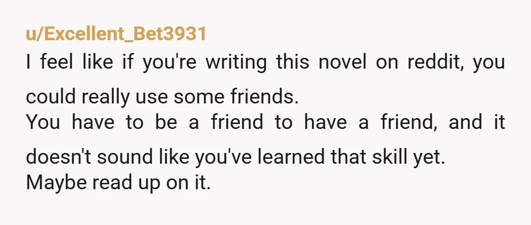 u/Excellent_Bet3931 I feel like if you're writing this novel on reddit, you could really use some friends. You have to be a friend to have a friend, and it doesn't...