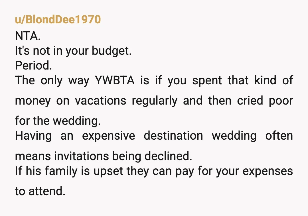u/Actual-Bandicoot6947 NTA. Other people don't get to spend your money. Everyone plans a wedding they want with the understanding that nothing will be convenient for everyone. Some may not be...