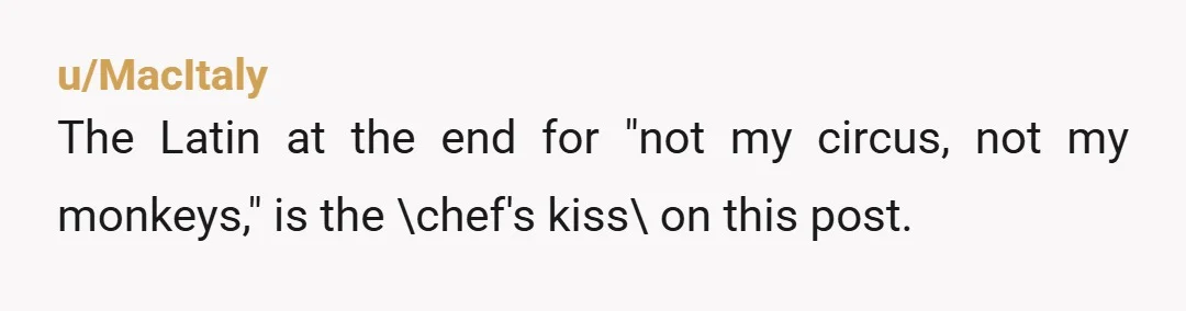 u/MacItaly The Latin at the end for "not my circus, not my monkeys," is the \chef's kiss\ on this post.