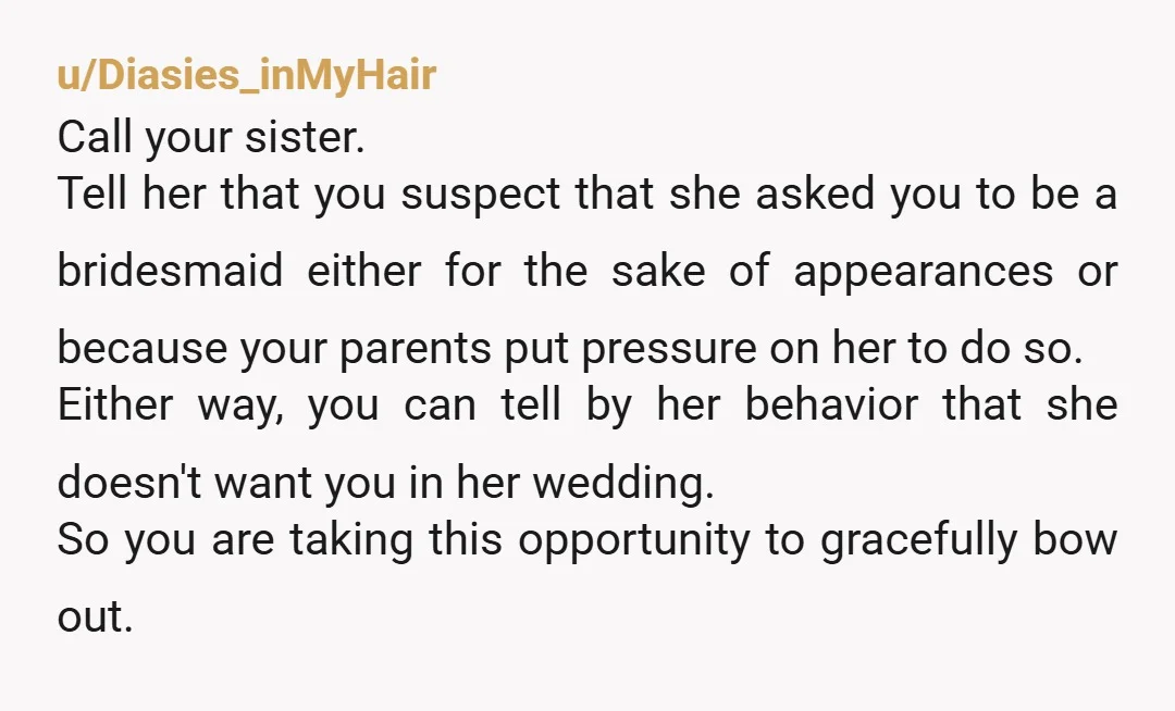 u/Fluffycats345 Shes been your first hater and always will he if i were you id treat her the exact same and cut her out after the wedding and drop outta...