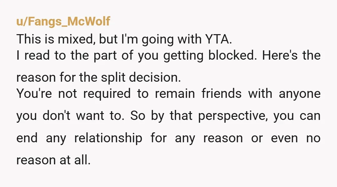 u/Fangs_McWolf This is mixed, but I'm going with YTA. I read to the part of you getting blocked. Here's the reason for the split decision. You're not required to remain...