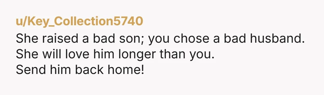 u/Key_Collection5740
She raised a bad son; you chose a bad husband.
She will love him longer than you.
Send him back home!
