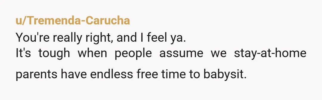 u/Any_Grapefruit65 The answer you gave her was 100% correct. It wouldn't even matter if you were at home all day eating Cheetos with no child of your own. Watching children...