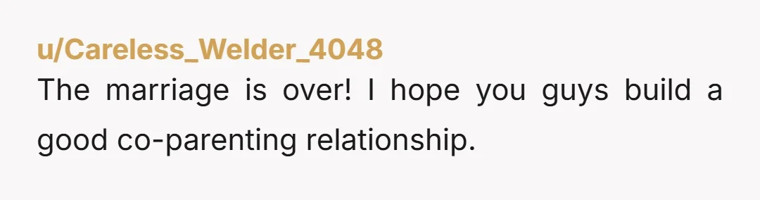 u/Careless_Welder_4048
The marriage is over! I hope you guys build a good co-parenting relationship.