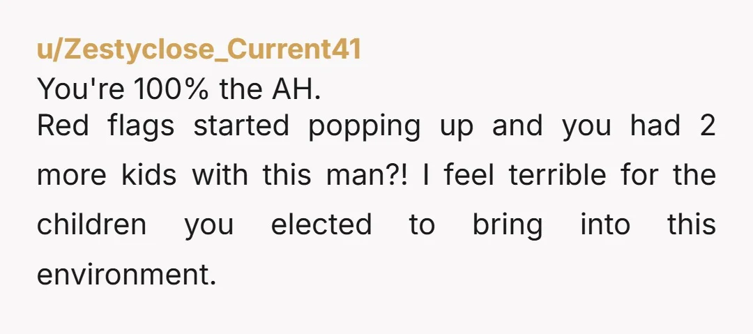u/Zestyclose_Current41 You're 100% the AH. Red flags started popping up and you had 2 more kids with this man?! I feel terrible for the children you elected to bring into...