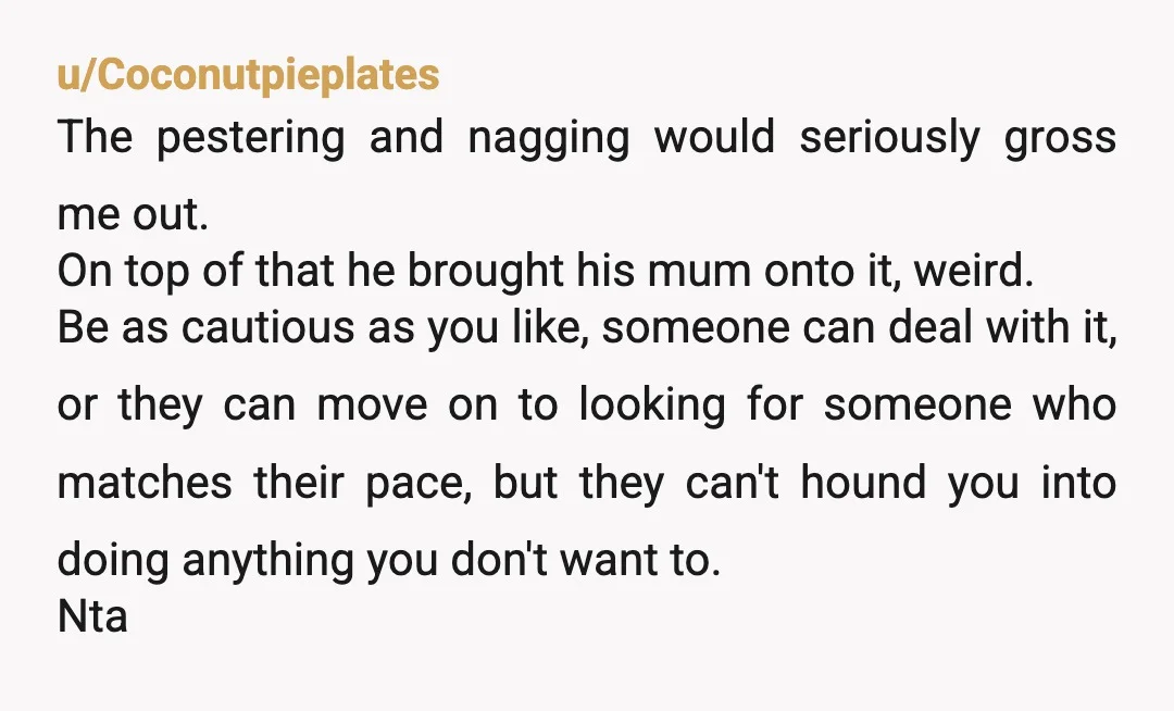 u/Coconutpieplates The pestering and nagging would seriously gross me out. On top of that he brought his mum onto it, weird.  Be as cautious as you like, someone can deal...